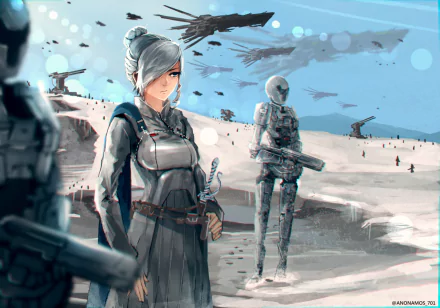 Weiss Schnee (RWBY) stands on a snowy battlefield, sword at her side, flanked by soldiers and robotic units as warplanes and ships fill the sky — HD anime PC desktop wallpaper.