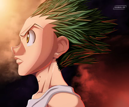 4K Ultra HD anime wallpaper featuring Gon Freecss from Hunter x Hunter, captured in a dramatic side profile with intense lighting and vibrant colors.