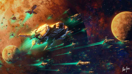 HD Sci-Fi desktop wallpaper displaying a fleet of spaceships navigating through space with a large planet and stars in the background.
