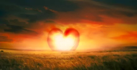 A dreamy HD wallpaper of a sunset with a heart-shaped glow, symbolizing love amidst a serene landscape of golden fields and a vibrant sky.