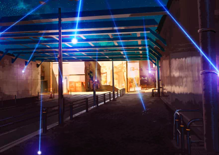 HD PC desktop wallpaper featuring an original anime-style scene of a dimly lit urban alleyway illuminated by vibrant blue neon lights.