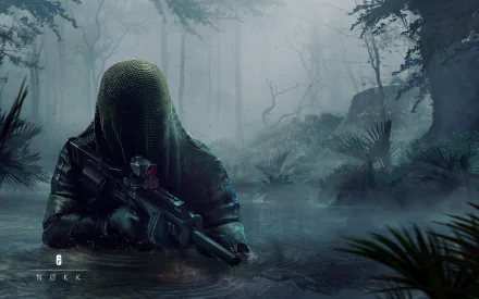 Nokk from Tom Clancy's Rainbow Six: Siege emerges stealthily from foggy swamp terrain in this detailed 4K Ultra HD PC desktop wallpaper and background.