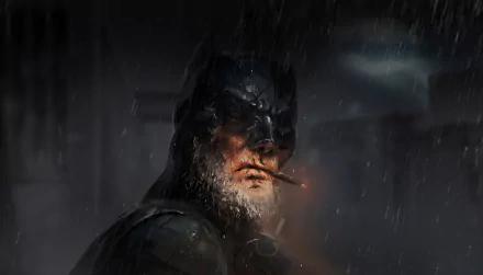 4K Ultra HD DC Comics Batman wallpaper showing a gritty, rain-soaked Batman with a cigar, blending dark comic aesthetics and detailed PC desktop background quality.