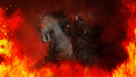 Dark grim reaper wielding a scythe rides a fiery horse surrounded by flames in this intense HD PC desktop wallpaper and background.
