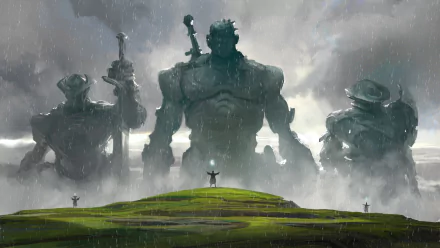 A fantasy HD desktop wallpaper showing a giant warrior and wizard standing in the rain, flanked by two armored figures, with a small figure raising arms on a grassy hill.
