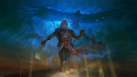 HD desktop wallpaper featuring Bayek of Siwa from the video game Assassin's Creed Origins, depicted in a dramatic and mystical scene with a large bird silhouette behind him.