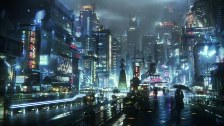 Nighttime view of a vibrant sci-fi cityscape with towering illuminated skyscrapers and wet streets, captured in an HD PC desktop wallpaper background.