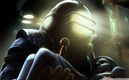 HD PC wallpaper featuring a Big Daddy holding a Little Sister from the video game Bioshock 2, capturing the dark, atmospheric style of the Bioshock series.