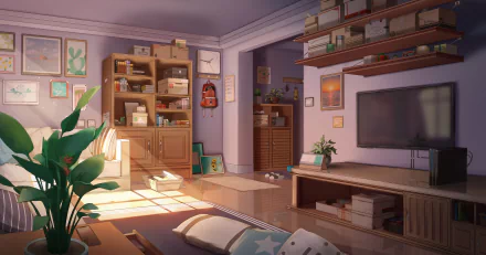 HD anime room desktop wallpaper featuring a cozy, well-lit space with shelves, plants, a TV, and scattered cushions, capturing a warm and inviting anime-style interior.