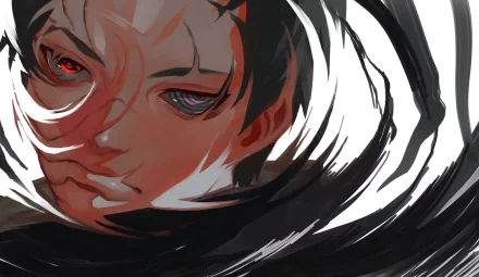 HD anime desktop wallpaper featuring a close-up of Obito Uchiha from Naruto with intense red eyes and dynamic black and white brush strokes.