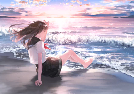 HD desktop wallpaper featuring an anime girl sitting on a beach at sunset, with the waves gently lapping at the shore.