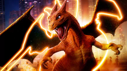4K Ultra HD wallpaper featuring Charizard from the Pokémon Detective Pikachu movie, with glowing orange lightning and a cityscape backdrop.