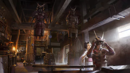 HD PC desktop wallpaper background of a fantasy samurai warrior in ornate armor being fitted by an attendant in a dim armory, hanging suits of armor and warm, moody lighting.