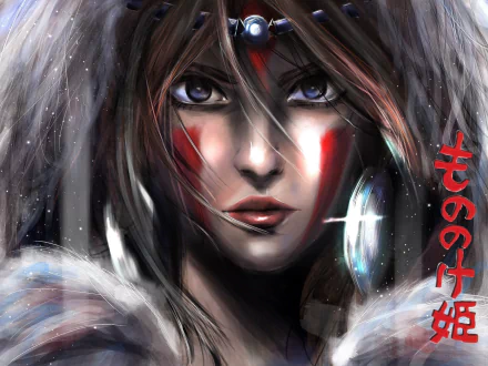 HD PC desktop wallpaper/background — anime Princess Mononoke close-up: San with red face paint, piercing eyes, fur cloak and soft falling snow.