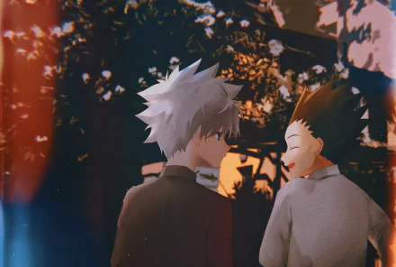 HD anime wallpaper featuring Gon Freecss and Killua Zoldyck from Hunter x Hunter sharing a serene moment against a sunset backdrop.