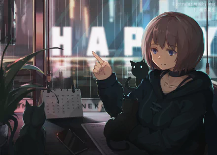 HD desktop wallpaper background featuring an anime-style character with short hair, sitting by a window with a cat and a plant. The character points upwards against a soft, light-filled backdrop.