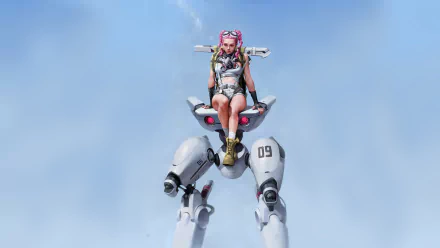 A cyberpunk sci-fi robot with white armor carrying a person with pink braided hair, set against a clear blue sky in 4K Ultra HD.