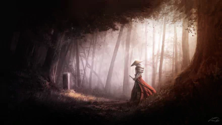 Fantasy wallpaper depicting a samurai warrior by a grave in a sunlit forest, capturing a moment of reflection amid serene, mystical surroundings.
