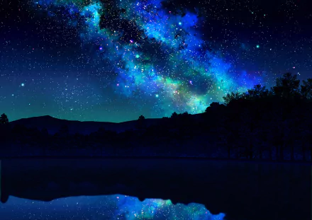 HD anime night scene featuring a vibrant starry sky and Milky Way over a dark forest silhouette reflected in still water, designed as a PC desktop wallpaper background.