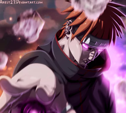 HD anime wallpaper featuring Pain from Naruto’s Akatsuki, with intense glowing eyes and dynamic energy effects, capturing the character’s fierce presence.