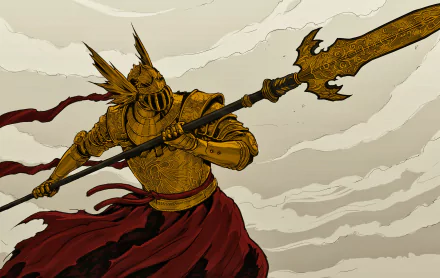 4K Ultra HD PC desktop wallpaper of Malenia Blade of Miquella from the video game Elden Ring, depicted in detailed golden armor wielding a large ornate spear.