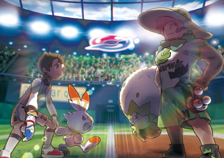 4K Ultra HD PC desktop wallpaper: Pokémon Sword and Shield video game stadium battle — trainer Victor with Scorbunny faces Milo and Eldegoss beneath bright stadium lights and cheering crowd.