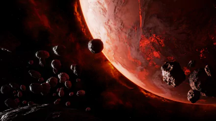 4K Ultra HD Sci-Fi desktop wallpaper depicting a fiery planet surrounded by glowing red meteorites in space.