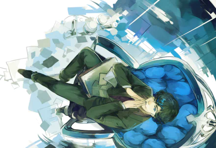 Stylized illustration of Sherlock Holmes from the TV show Sherlock (TV series), reclining in a blue chair amid scattered papers — 2K Quad HD PC desktop wallpaper.