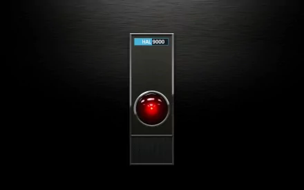 HD PC desktop wallpaper featuring the iconic HAL 9000 interface from the movie 2001: A Space Odyssey, set against a sleek black background.