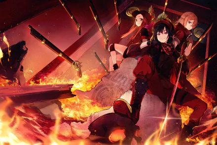 HD anime wallpaper featuring Fate/Grand Order characters Demon Archer, Sakura Saber, Okita Souji, Chacha, and Oda Nobunaga with katanas, guns, and fiery battle scene.
