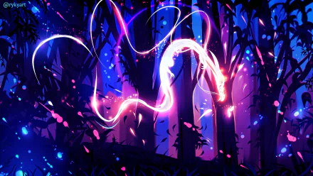 HD fantasy desktop wallpaper featuring a glowing, ethereal dragon weaving through a dark, mystical forest illuminated in vibrant blue and purple hues.