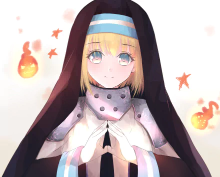 HD desktop wallpaper of Iris from the anime Fire Force. The image features Iris in her traditional attire with a serene expression, surrounded by floating flames and stars. 