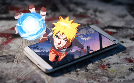 HD anime desktop wallpaper featuring Naruto Uzumaki emerging from a phone screen with a glowing Rasengan in hand.