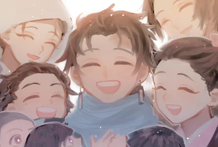 HD PC desktop wallpaper of Tanjiro Kamado from Demon Slayer: Kimetsu no Yaiba — anime-style scene of Tanjiro smiling brightly among joyful friends, warm pastel lighting and soft details.