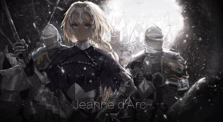 HD anime wallpaper featuring Jeanne d'Arc from Fate/Apocrypha in armor with long blonde hair, flanked by armored knights, set in a dramatic, snowy battlefield scene.