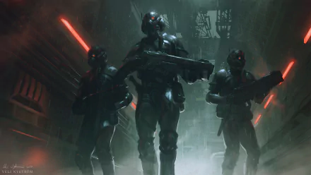 HD PC desktop wallpaper featuring three sci-fi soldiers in futuristic armor, armed and ready for war in a dark, misty environment.