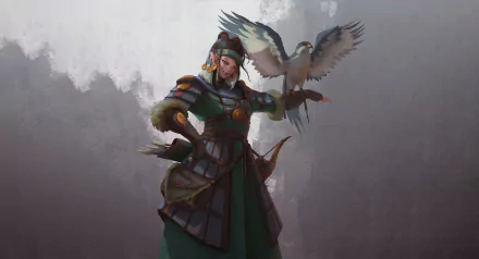 2K Quad HD PC desktop wallpaper/background: fantasy woman warrior-hunter in armor with a falcon perched on her gloved arm against a misty battlefield.