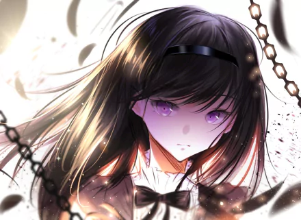 HD PC desktop wallpaper featuring Homura Akemi from the anime Puella Magi Madoka Magica, with detailed shading and glowing purple eyes.