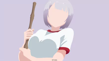 4K Ultra HD PC desktop wallpaper of Akiho Kousaka from My Girlfriend Is a Faithful Virgin Bitch: faceless short silver-haired girl in white tee with heart-shaped chest holding a wooden stick.