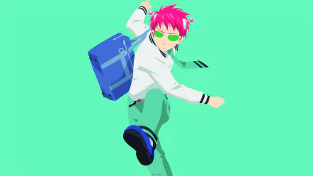 4K Ultra HD anime desktop wallpaper featuring Saiki Kusuo from The Disastrous Life of Saiki K. in dynamic pose with bright colors and minimalist background.