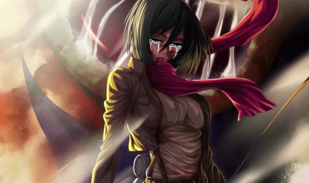 HD anime desktop wallpaper featuring Mikasa Ackerman from Attack on Titan, depicted with her signature red scarf and a somber expression amidst a dramatic background.