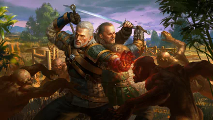 Geralt of Rivia and Vesemir wield swords against monsters in this HD The Witcher 3: Wild Hunt video game wallpaper.