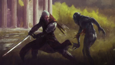 HD PC wallpaper: Geralt of Rivia (The Witcher 3: Wild Hunt) lunges with his sword at a Drowner through green mist near crumbling columns.