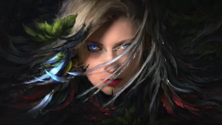 A fantasy-themed HD desktop wallpaper of a woman with striking blue eyes, red lipstick, and feathers blending into her hair and the dark background.