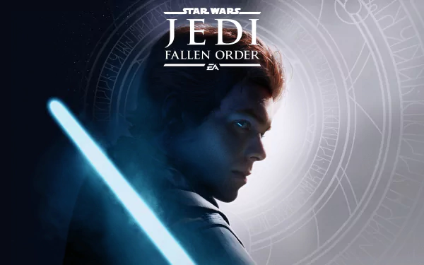 Cal Kestis from Star Wars Jedi: Fallen Order is shown holding a glowing blue lightsaber in this 4K Ultra HD PC desktop wallpaper.