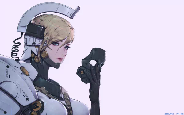 HD PC desktop wallpaper: Death Stranding mecha — blonde woman in white powered armor holding a black mask against a pale background.