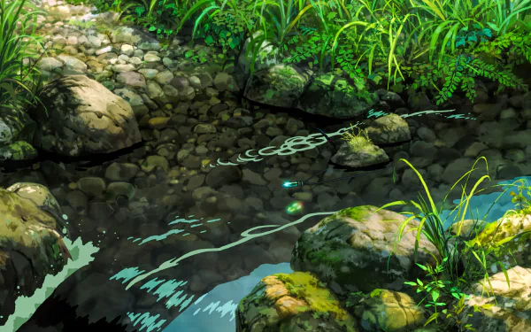 Anime scene from Children Who Chase Lost Voices — 8K Ultra HD PC desktop wallpaper of a sunlit forest stream with mossy rocks, clear ripples and vibrant green grasses.