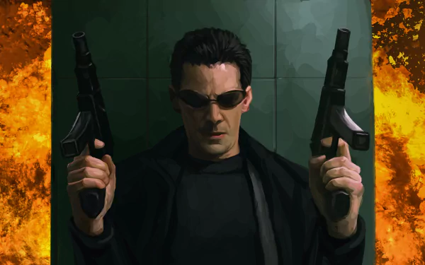 Keanu Reeves as Neo from The Matrix, holding two guns against a dark background with fiery orange accents, in a 4K Ultra HD PC desktop wallpaper.