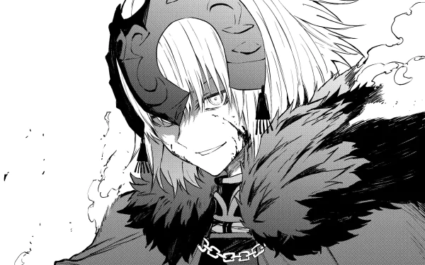 Monochrome HD wallpaper of Jeanne d'Arc Alter from Fate/Grand Order. Features a black and white sketch of the anime character with short hair and detailed attire.