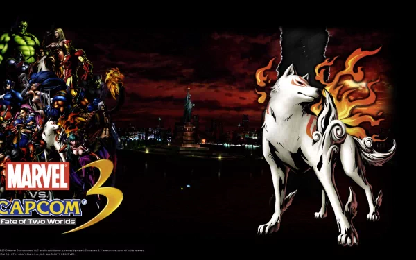 HD PC wallpaper featuring Amaterasu from Ōkami alongside Marvel heroes Wolverine, Iron Man, Hulk, and Captain America from Marvel vs. Capcom 3: Fate of Two Worlds.